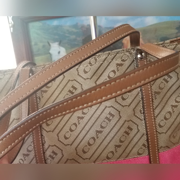 Coach Lozenge Brown Canvas Leather Trim Pink Stripe Zipper Closure Tote Bag - Picture 12 of 13